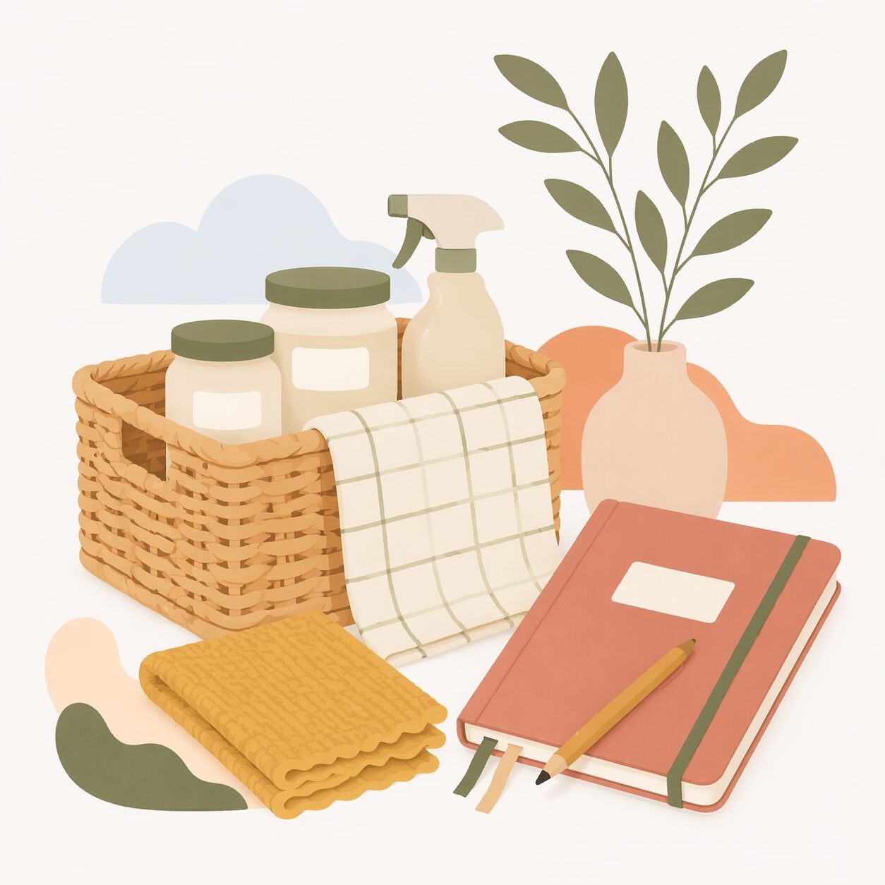 Illustrated flat lay of an organized home starter kit with a woven basket, labeled containers, spray bottle, folded cloth, planner, pencil, and neutral decor in warm earthy tones.